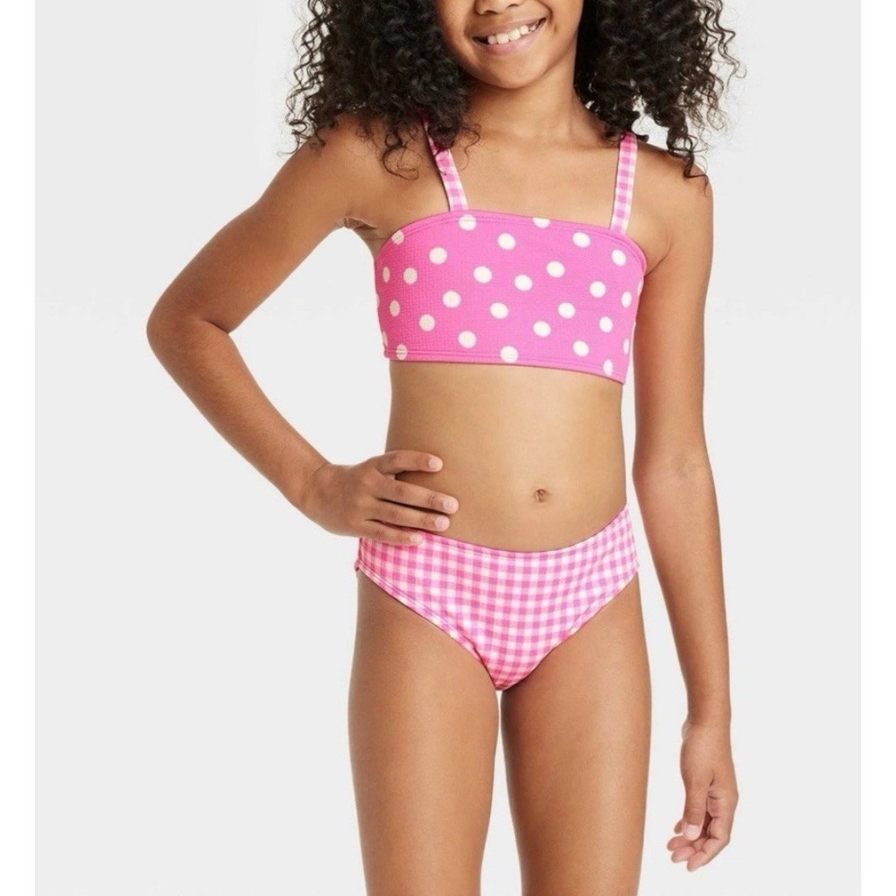 Girls Cat & Jack Polka Dot Gingham Bikini Set Pink White Bathing Suit XXL